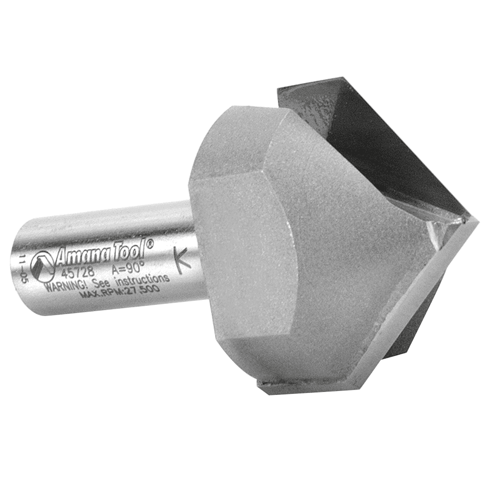 Use Amana 2-Flute V-Groove Router Bit with edge guide for chamfer and bevel edges on various materials