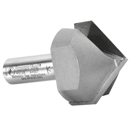 Use Amana 2-Flute V-Groove Router Bit with edge guide for chamfer and bevel edges on various materials