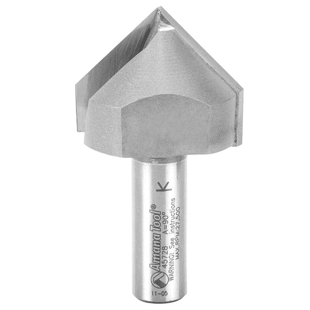 Amana 2-Flute V-Groove Router Bit for CNC, 1/2" Shank, ideal for cutting high-density urethane, acrylic, composites, foam, and more.