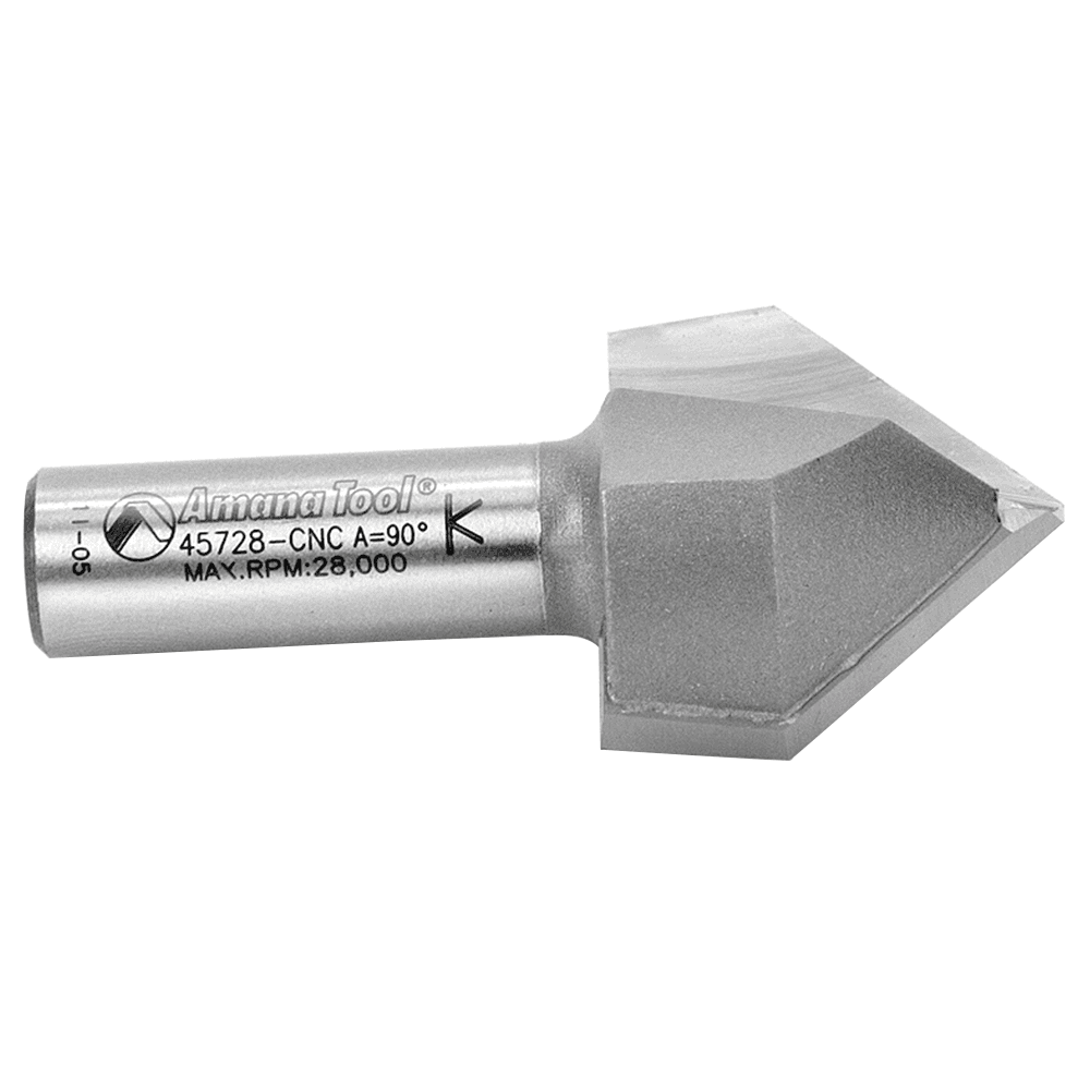 Cut precise V-Grooves and lettering on sign boards with the Amana 2-Flute Router Bit, compatible with handheld and table-mounted routers.