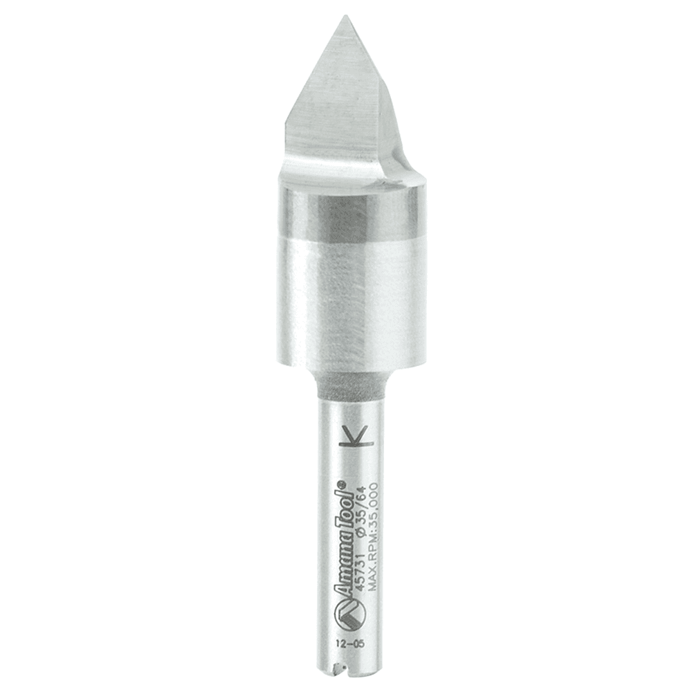 Amana 9/16" x 2-1/2" V-Groove Signmaking/Lettering Router Bit on Woodworking Table