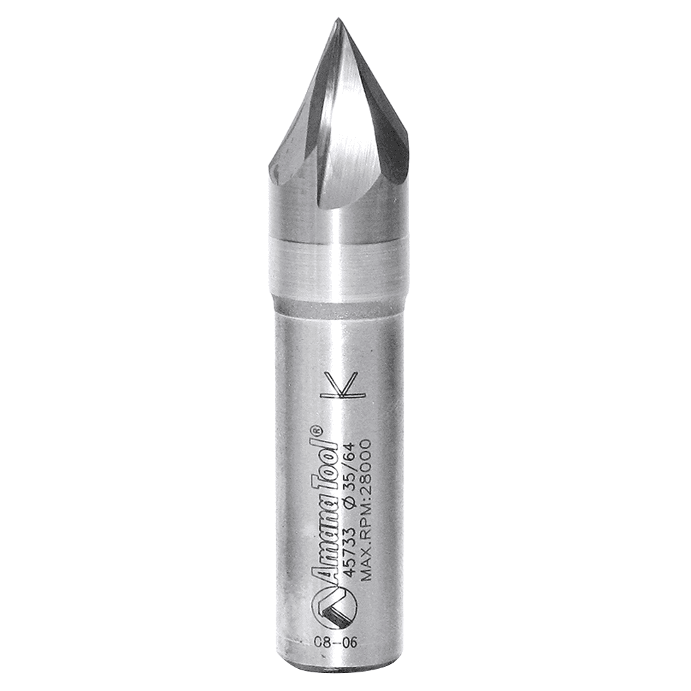 Amana 9/16" x 2-1/4" V-Groove Signmaking/Lettering Router Bit, 3-Flute, 1/2" Shank in action on wood.