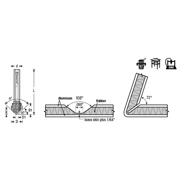 3/4" Dia x 15/64" 108° Double Edge Folding V-Groove Bit, 1/2" Shank Alt 6 - Image
