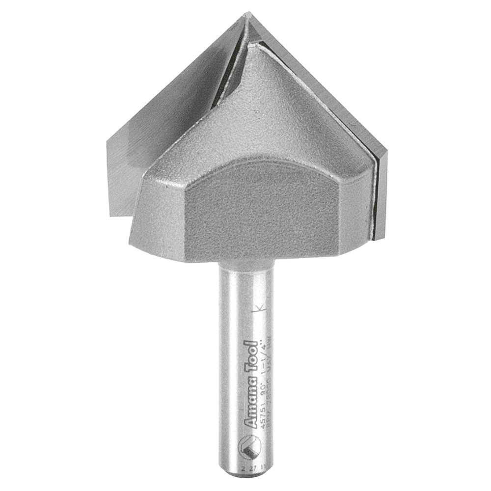 2-flute V-Groove bit with 1/4" shank for chamfering and beveling edges on MDF, laminate, plywood, and more.