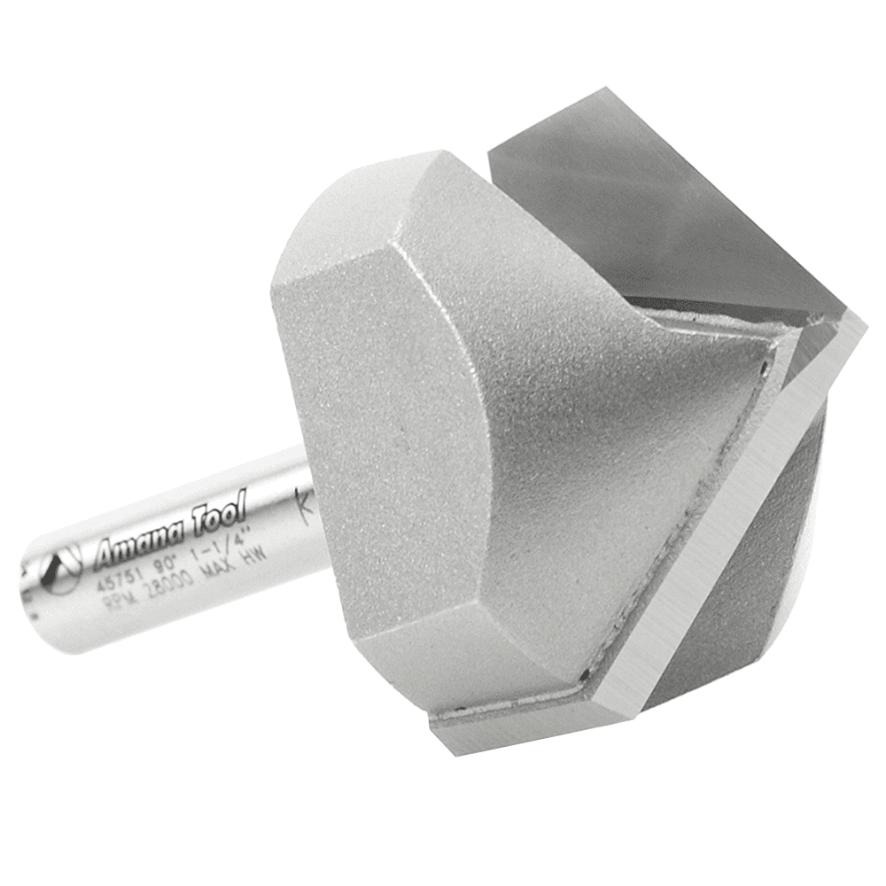 Versatile V-Groove bit for use with handheld, table-mounted, and CNC routers on materials like foam, PVC plastic, and wood.