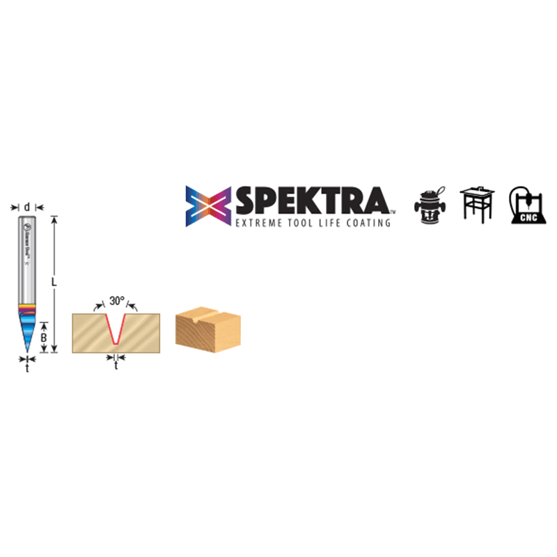 11mm x 57mm 30° Engraving Signmaking Spektra Extreme Tool Life Coated Router Bit, 6mm Shank Alt 1 - Image