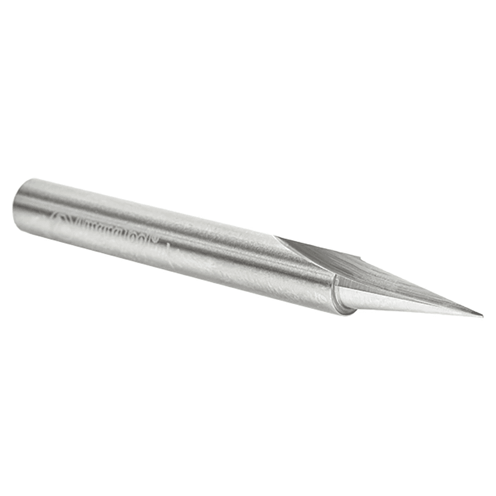 Amana 1/4" x 2-1/2" Carving Liner Router Bit for fine carving and lettering on aluminum, brass, MDF, plywood, silver, and wood.