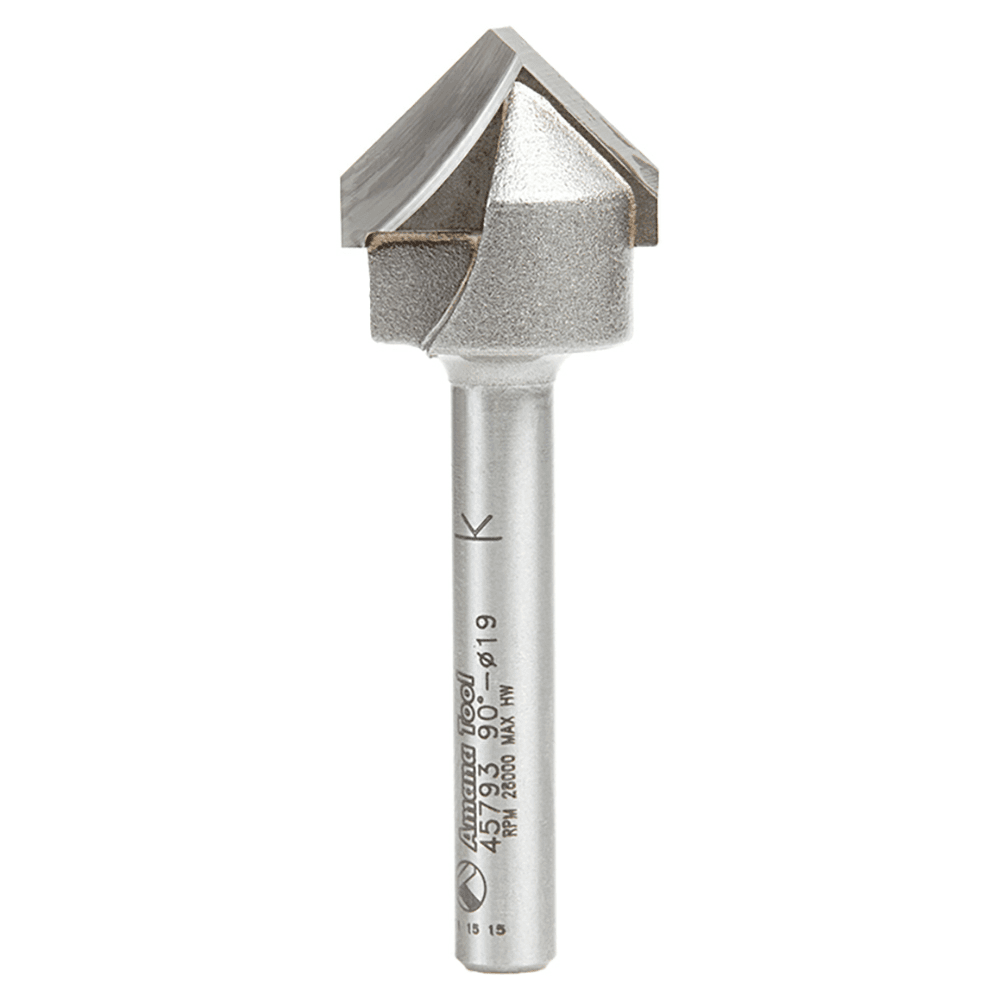 Amana 2-Flute Router Bit for Aluminum Composite Materials with 90&#730; V-grooves and flat bottoms