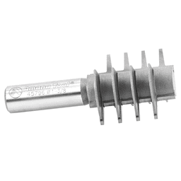 Amana 1-3/8" x 3" Finger Joint Router Bit, 2-Flute, 1/2" Shank cutting interlocking fingers on wood.