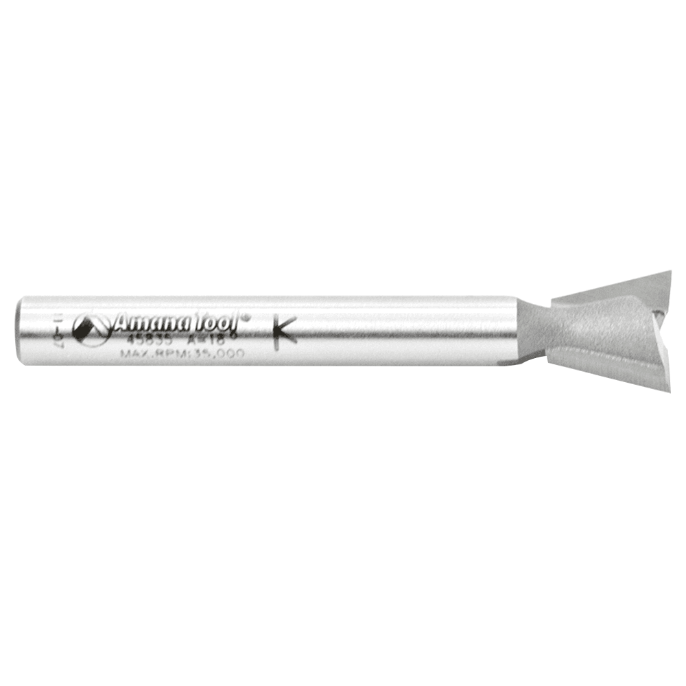 Amana router bit with 0.415" cutting height for precise dovetail cuts