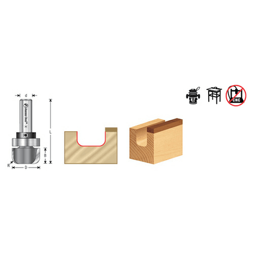 Close-up of Amana 1/2" x 2-1/8" Bowl/Tray Router Bit with Upper Ball Bearing, 2-Flute, 1/4" Shank cutting wood tray