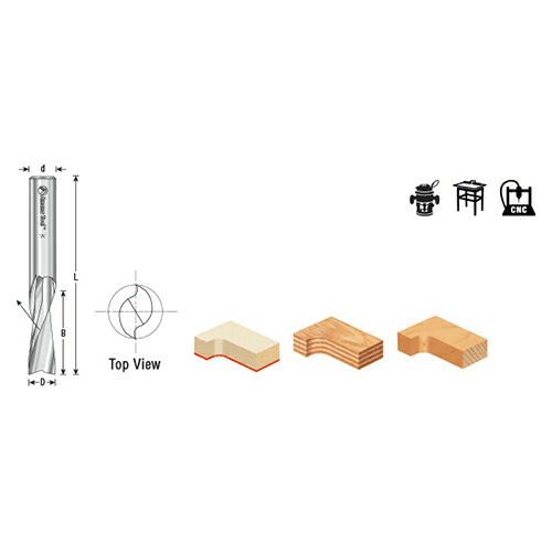 Close-up of Amana 3/32" x 2" Long Up-Cut Spiral Plunge Bit with Razor-Sharp Cutting Edges