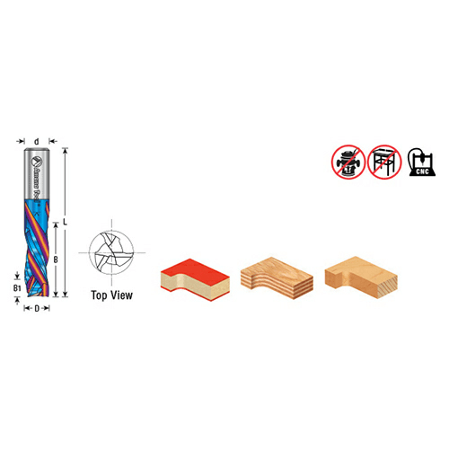 Compression cut Amana bit with 1-1/4" cutting height for flawless finish