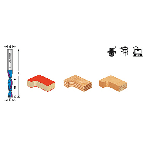 Spiral-flute 2-flute bit for clean, accurate cuts on particleboard, plywood, and laminate