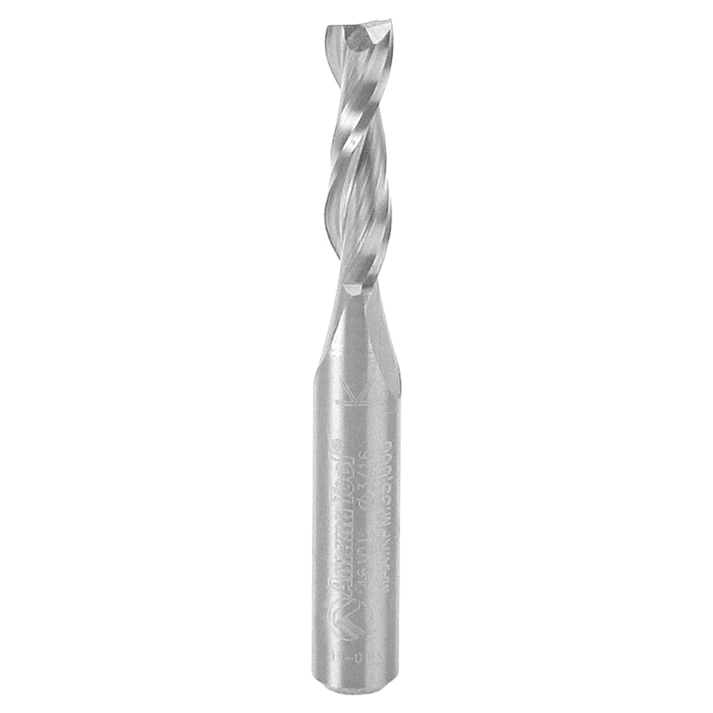 Amana 2-flute spiral plunge bit with 1/4" shank for clean, accurate cuts in abrasive materials.