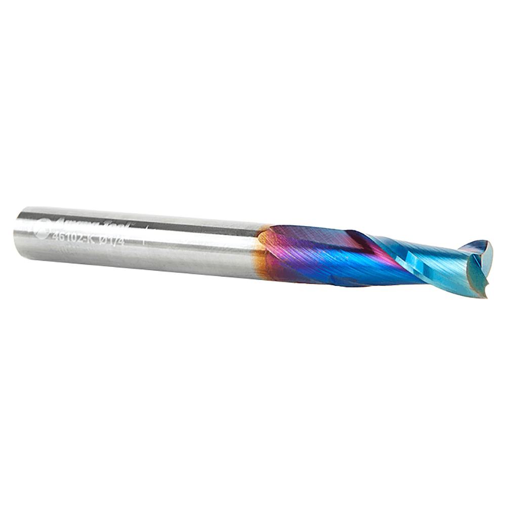 Amana 1/4" Up-Cut Spiral Plunge Bit with Spektra coating for clean and accurate cuts in wood and laminate.