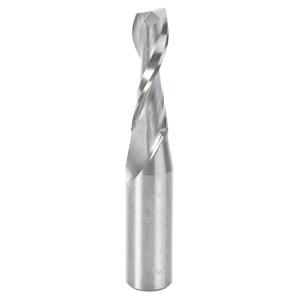 Amana 2-Flute Up-Cut Spiral Plunge Bit with polished flutes and razor-sharp cutting edges for creating grooves and dado cuts.