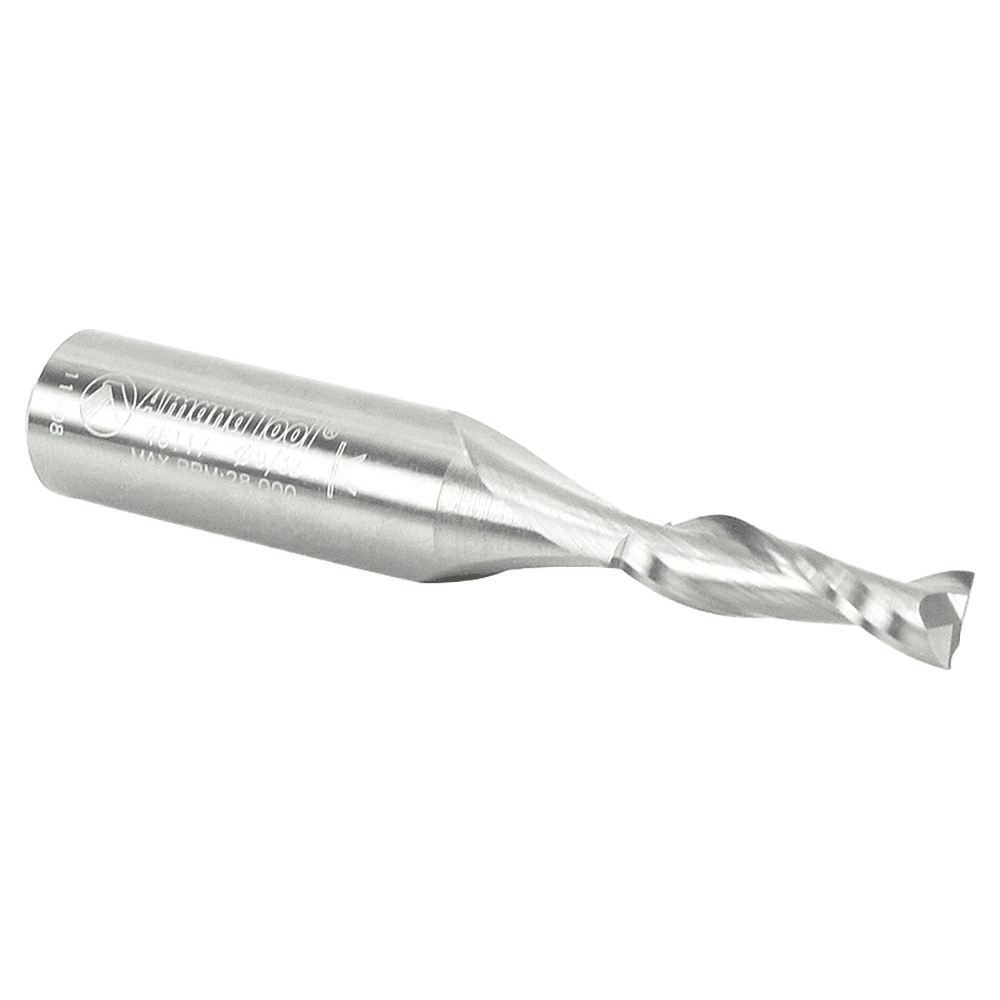 Spiral-flute bit for clean, accurate cuts in particleboard, plywood, and laminate with increased clearance geometry and polished flutes