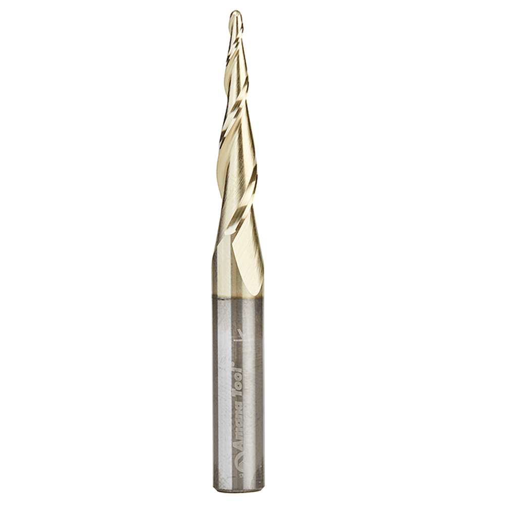 1/16" x 2-1/4" 2D/3D Carving Tapered Ball Tip Up-Cut ZrN Coated Spiral Router Bit, 2-Flute, 1/4" Shank - Main Image