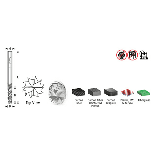 1/4" x 3" CNC Down-Cut Carbon Graphite/Fiber Panel Cutting Spiral Router Bit, 1-Flute, 1/4" Shank, 3/4" Cutting Height - Alt Image 2