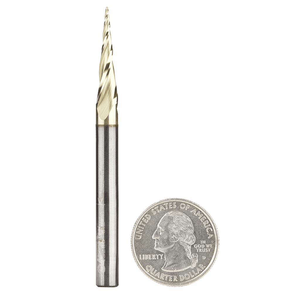 1/32" x 3" CNC Up-Cut Tapered Ball Tip Spiral Router Bit, 3-Flute, 1/4" Shank - Alt Image 2