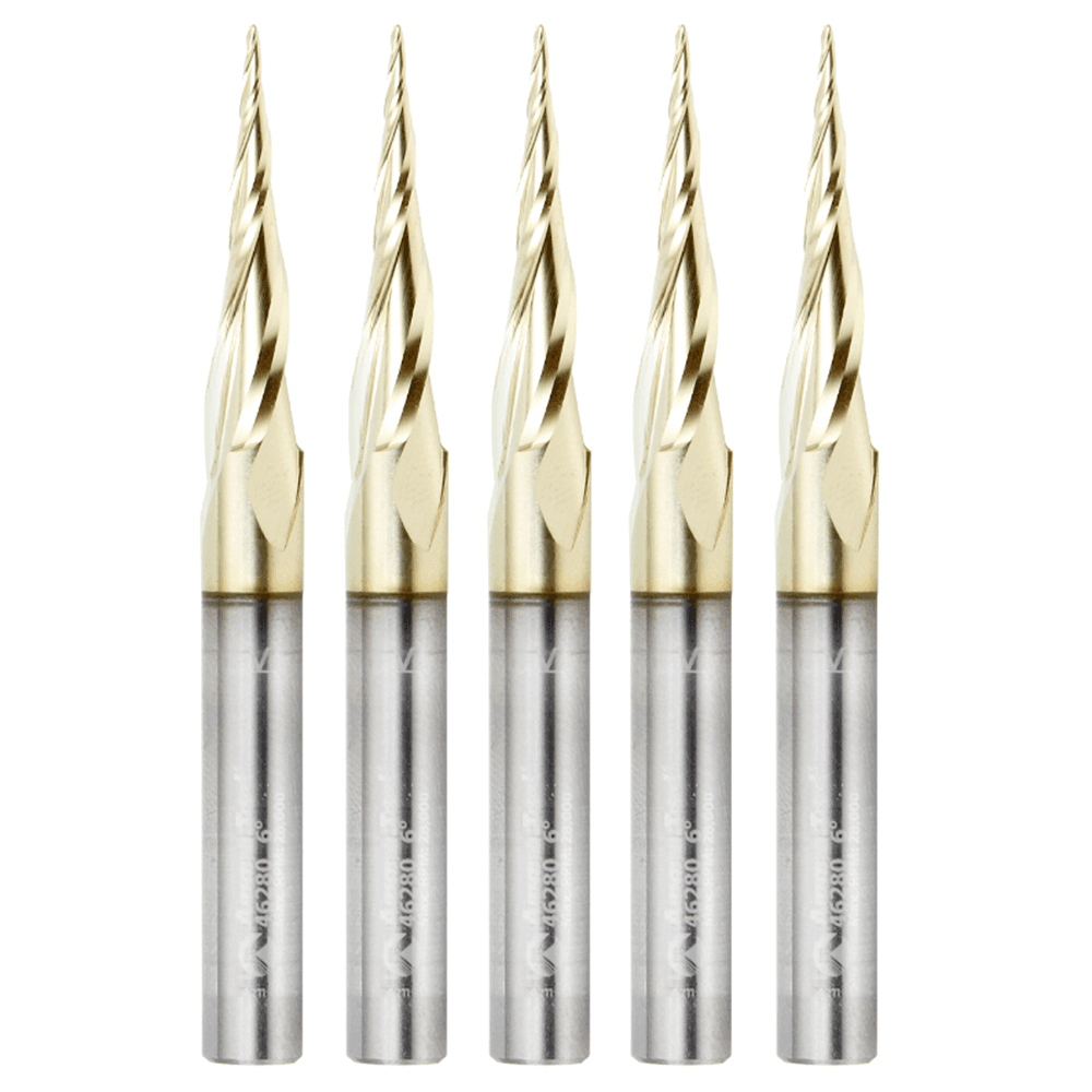 1/32" x 3" CNC 2D/3D Carving Tapered Ball Tip Up-Cut ZrN Coated Spiral Router Bit, 3-Flute, 1/4" Shank (5 Pack) - Main Image