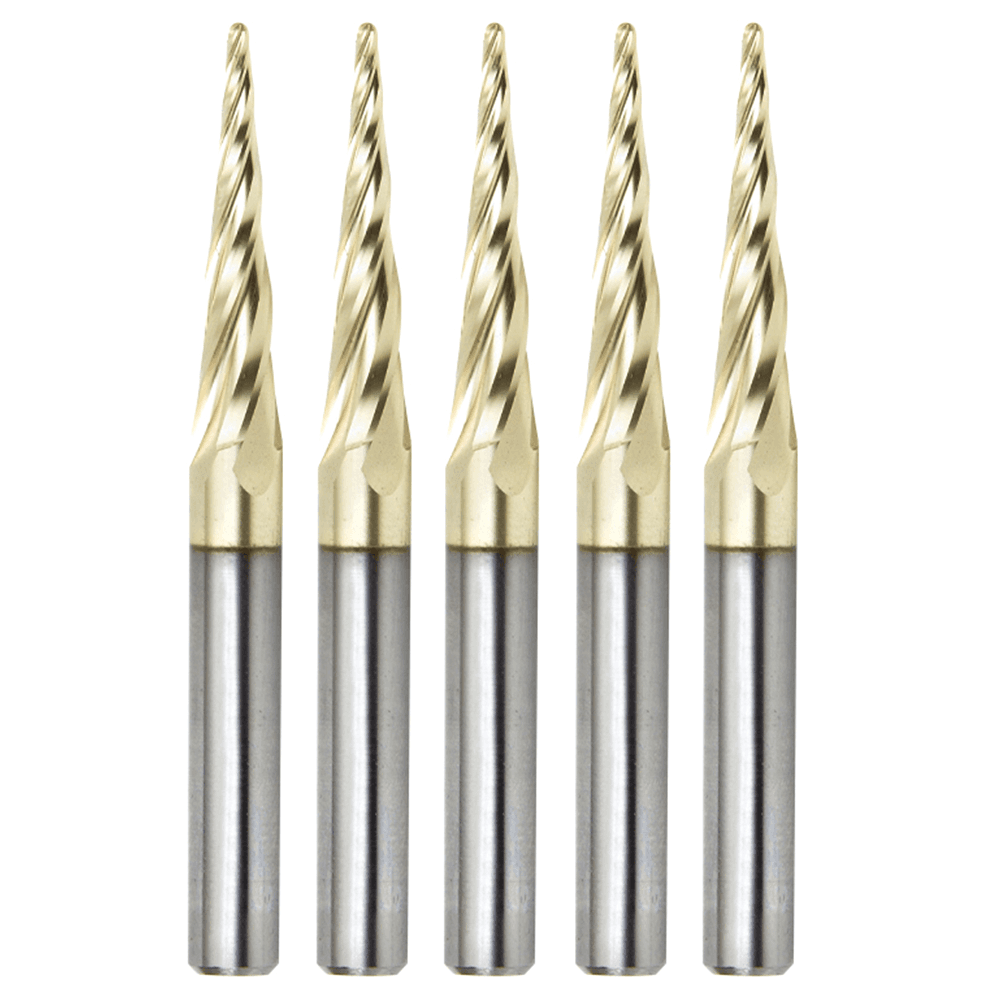 1/16" x 3" CNC 2D/3D Carving Tapered Ball Tip Up-Cut ZrN Coated Spiral Router Bit, 4-Flute, 1/4" Shank (5 Pack) - Main Image