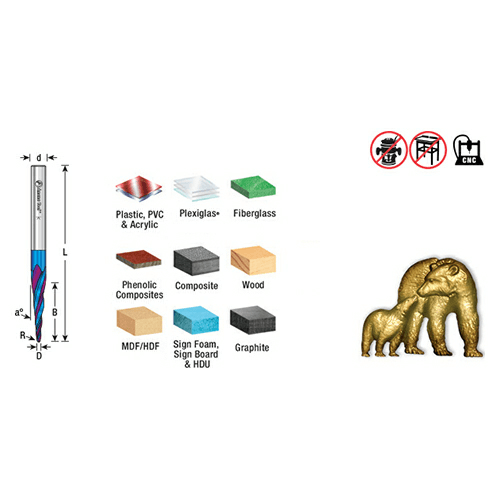 1/16" x 3" CNC 2D/3D Carving Tapered Ball Tip Up-Cut Spektra Spiral Router Bit, 4-Flute, 1/4" Shank (5 Pack) - Alt Image 1