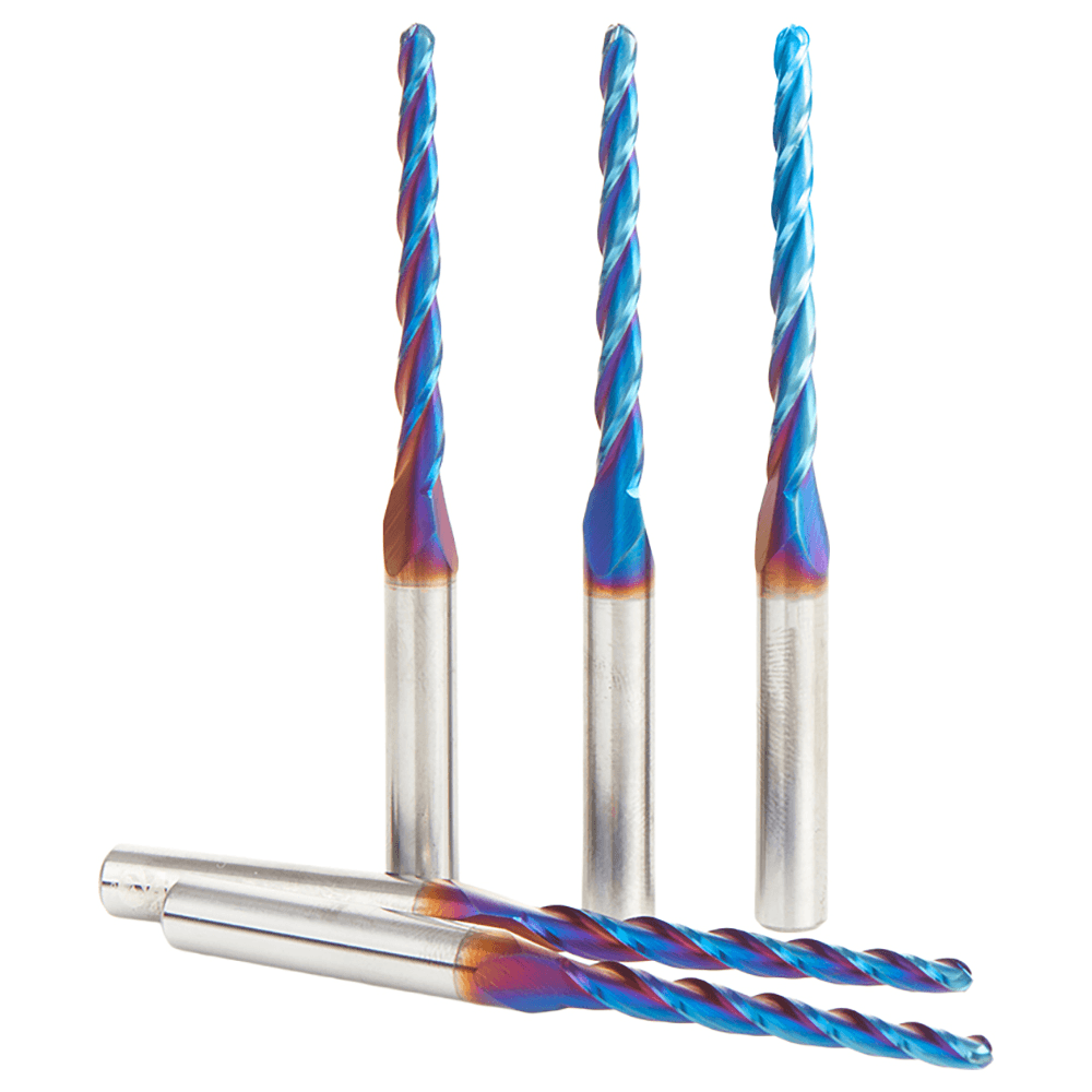1/8" x 3" 5-Piece CNC 2D/3D Carving 1° Tapered Angle Ball Up-Cut Spektra Extreme Tool Life Coated Spiral Router Bit, 3-Flute, 1/4" Shank Alt 2 - Image