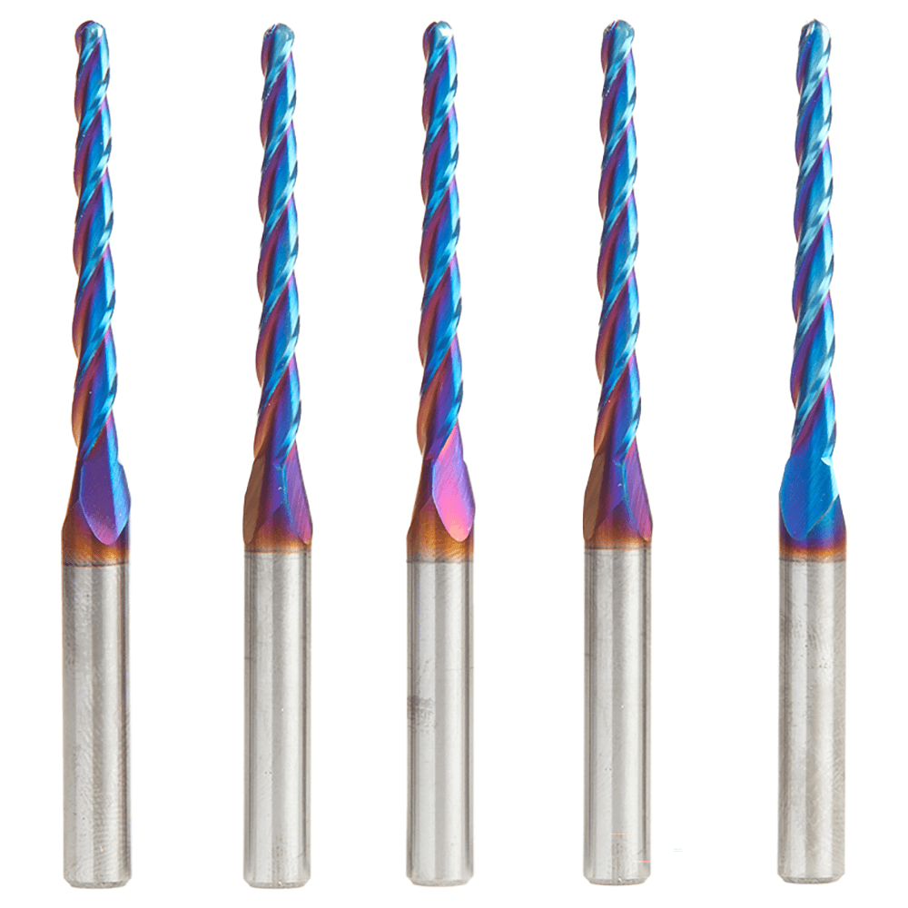 1/8" x 3" 5-Piece CNC 2D/3D Carving 1° Tapered Angle Ball Up-Cut Spektra Extreme Tool Life Coated Spiral Router Bit, 3-Flute, 1/4" Shank Main - Image