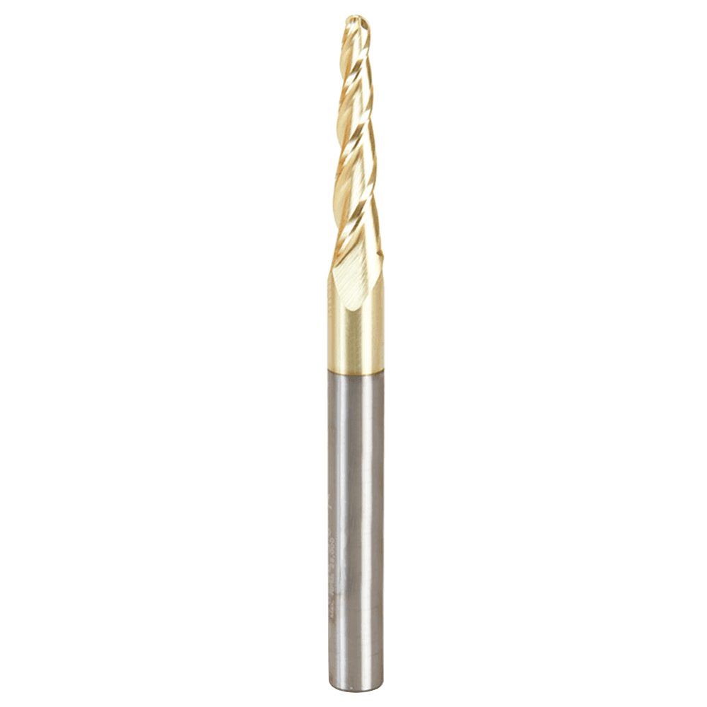 1/8" x 3" CNC 2D/3D Carving Tapered Ball Tip Up-Cut ZrN Coated Spiral Router Bit, 3-Flute, 1/4" Shank - Main Image