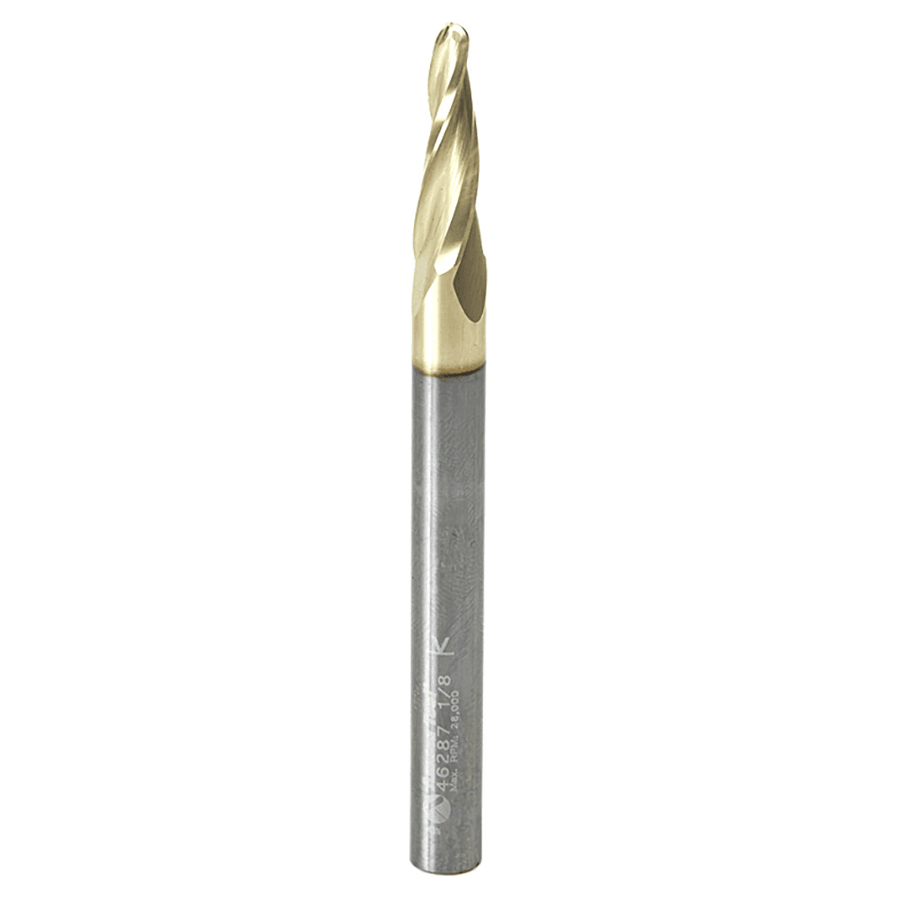1/8" x 3" CNC 2D/3D Carving 5&#730; Tapered Ball Tip Up-Cut ZrN Coated Spiral Router Bit, 3-Flute, 1/4" Shank - Main Image