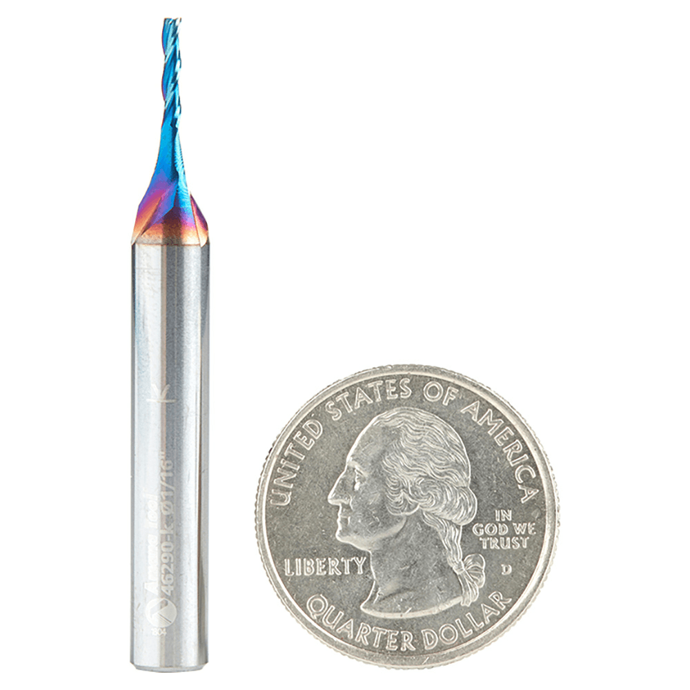 1/16" x 2" 2D/3D Carving Tapered Ball Tip Up-Cut Spektra Spiral Router Bit, 3-Flute, 1/4" Shank - Alt Image 2