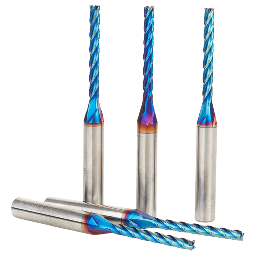 1/8" x 2-1/2" 5-Piece CNC 2D/3D Carving 0.10° Flat Bottom Up-Cut Spektra Extreme Tool Life Coated Spiral Router Bit, 4-Flute, 1/4" Shank Alt 2 - Image