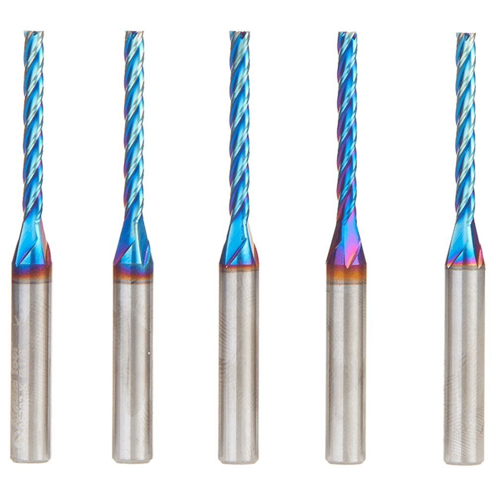 1/8" x 2-1/2" 5-Piece CNC 2D/3D Carving 0.10° Flat Bottom Up-Cut Spektra Extreme Tool Life Coated Spiral Router Bit, 4-Flute, 1/4" Shank Main - Image