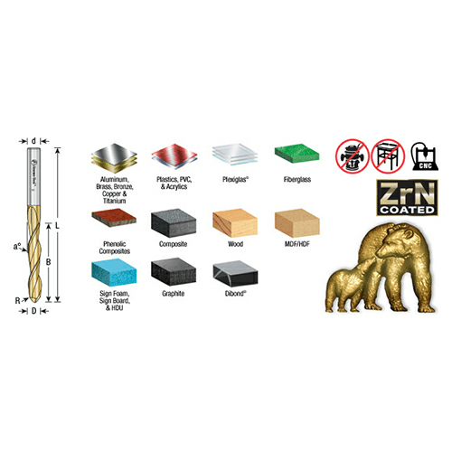 1/4" x 3" CNC 2D/3D Carving Straight Ball Tip ZrN Coated Router Bit, 2-Flute, 1/4" Shank - Alt Image 2