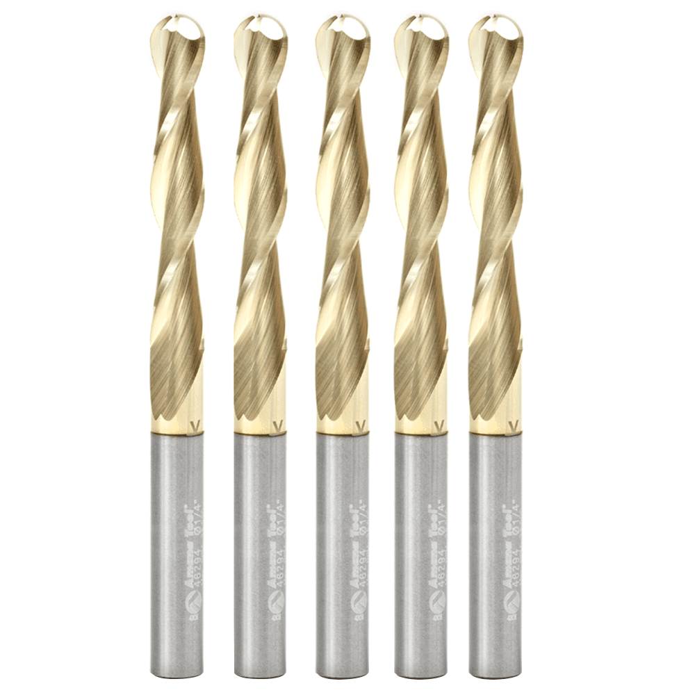 1/4" x 3" CNC 2D/3D Carving Straight Ball Tip ZrN Coated Router Bit, 2-Flute, 1/4" Shank (5 Pack) - Main Image