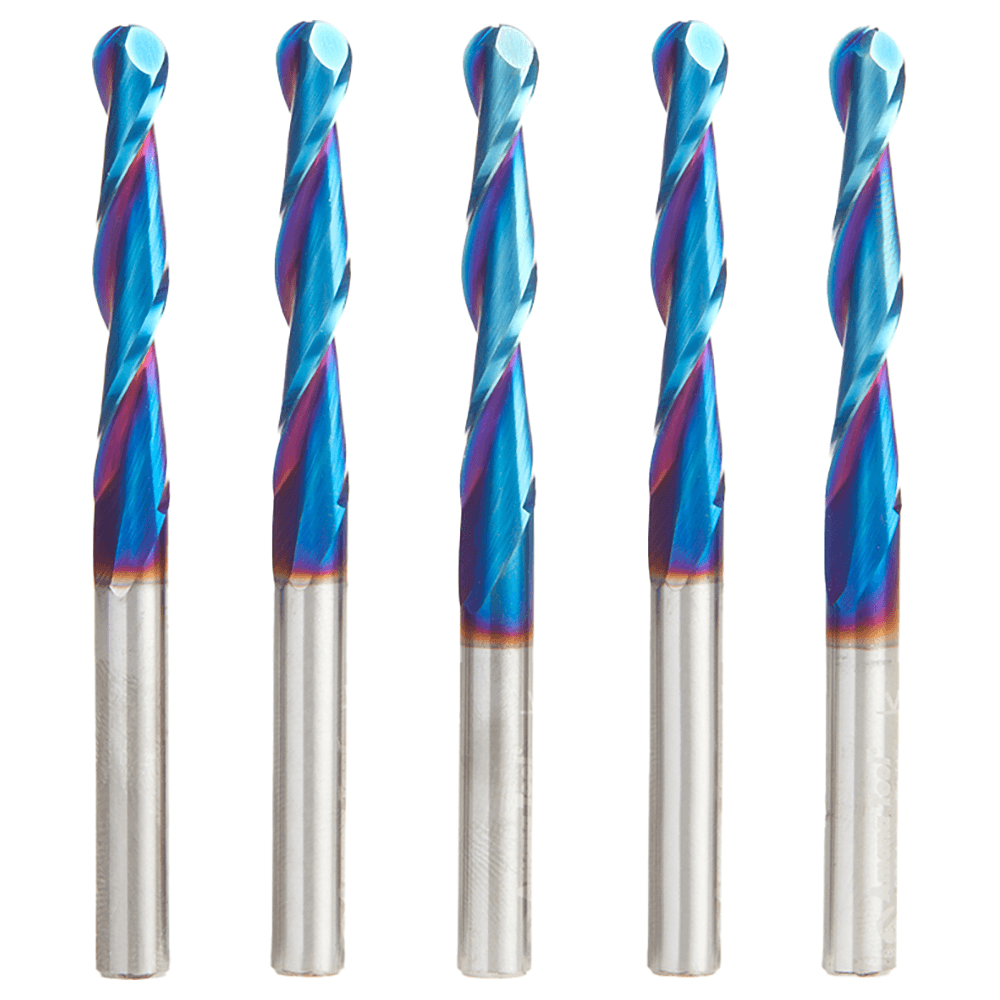 1/4" x 3" 5-Piece CNC 2D/3D Carving 0.10° Straight Angle Ball Spektra Extreme Tool Life Coated Spiral Router Bit, 2-Flute, 1/4" Shank Main - Image