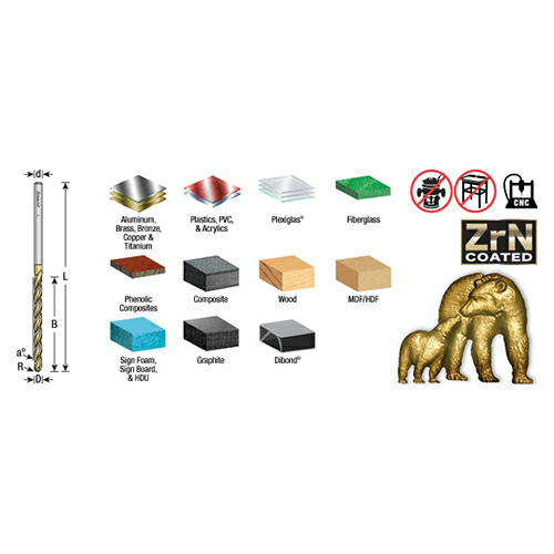 1/8" x 3" CNC 2D/3D Carving Straight Ball Tip ZrN Coated Router Bit, 3-Flute, 1/8" Shank - Alt Image 2