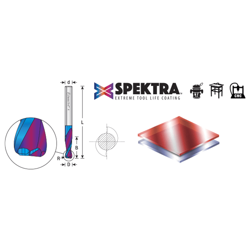 1/4" Dia x 3/4" Solid Carbide Spiral Plunge Router Bit with 1/16" Corner Radius, 1/4" Shank Up-Cut Spiral Spektra Extreme Tool Life Coated Alt 1 - Image