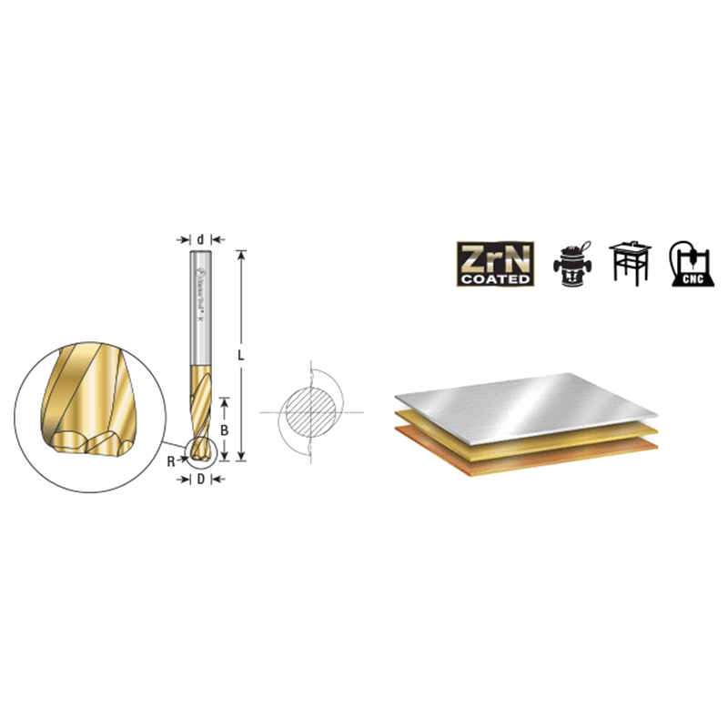 1/4" Dia x 3/4" Solid Carbide Spiral Plunge Router Bit with 1/16" Corner Radius, 1/4" Shank Up-Cut ZrN Coated Alt 1 - Image