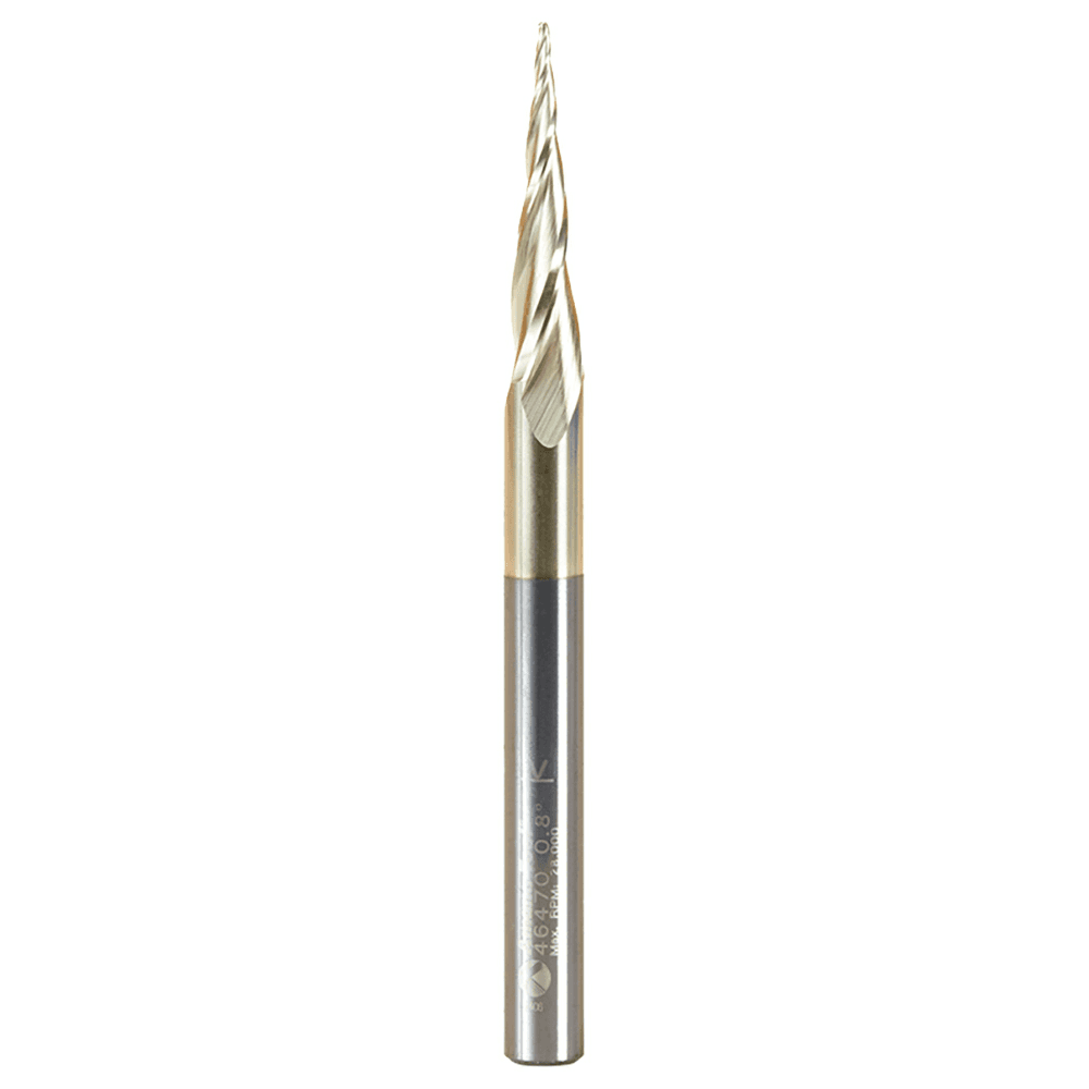 0.8mm x 75mm 2D/3D Carving Tapered Ball Tip ZrN Coated Up-Cut Spiral Router Bit, 3-Flute, 6mm Shank - Main Image