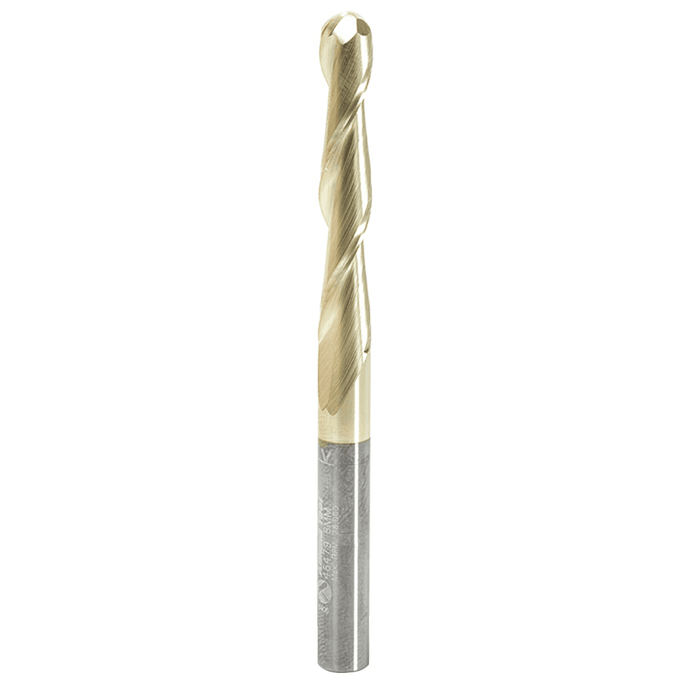 6mm x 75mm 2D/3D Carving Tapered Ball Tip ZrN Coated Up-Cut Spiral Router Bit, 2-Flute, 6mm Shank - Main Image