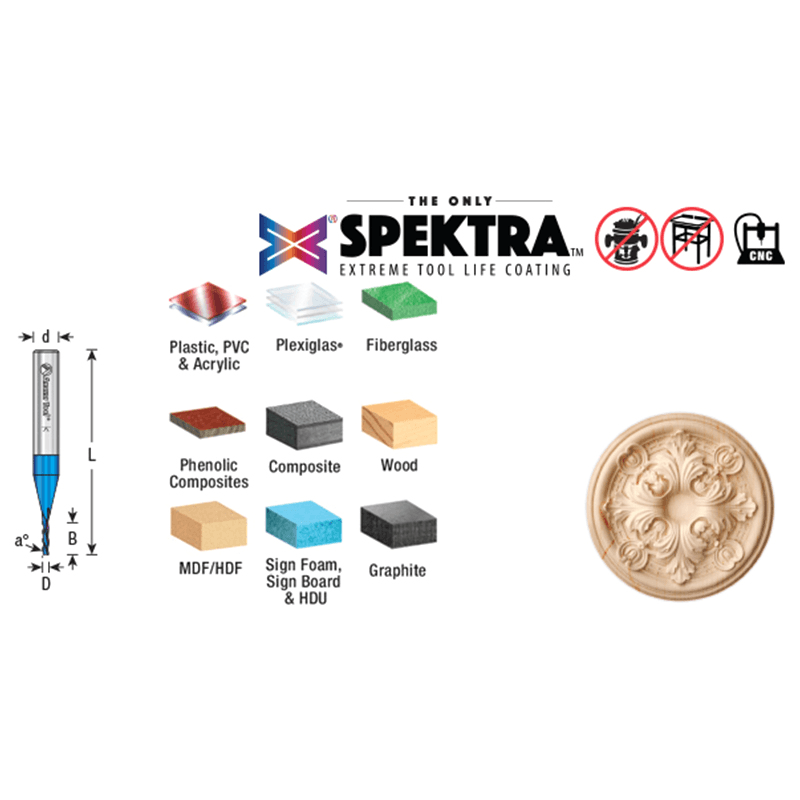 1/16" x 2" CNC 2D/3D Carving 0.10° Flat Bottom Down-Cut Spektra Extreme Tool Life Coated Spiral Router Bit, 3-Flute, 1/4" Shank Alt 1 - Image