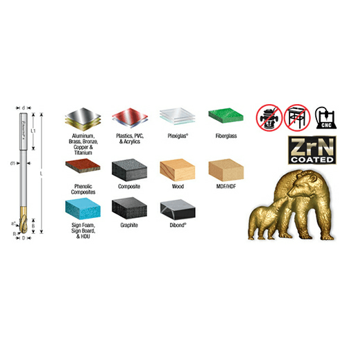 1/4" x 4" 2D/3D Carving Ball Nose ZrN Coated Router Bit, 3-Flute, 1/4" Shank - Alt Image 2
