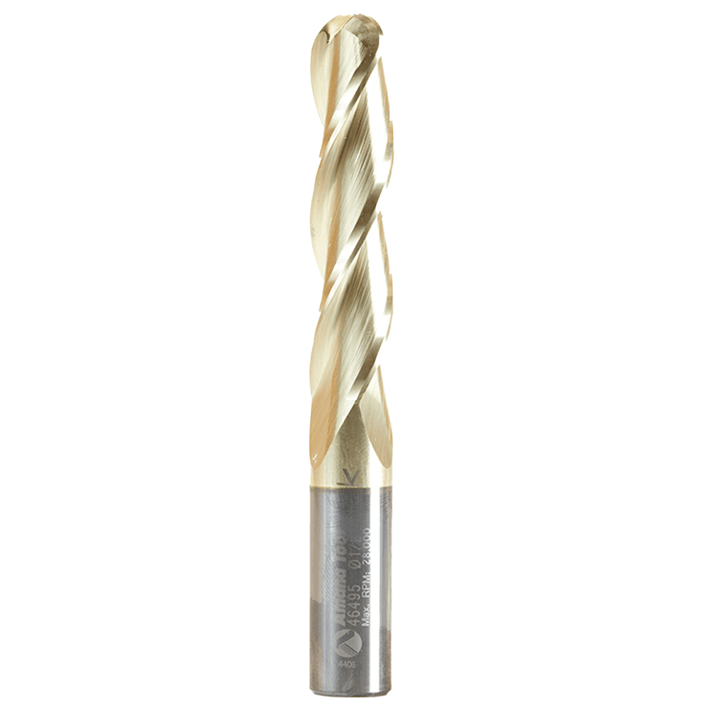 1/2" Dia x 1/4" Radius CNC 2D/3D Carving 0.10° Straight Angle Ball Tip Bit, Solid Carbide ZrN Coated, 3 Flute, 1/2" Shank Main - Image