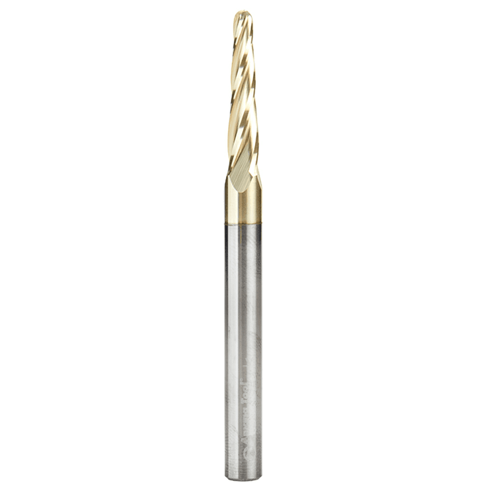1/8" x 3" 2D/3D Carving Tapered Ball Tip ZrN Coated Up-Cut Spiral Router Bit, 4-Flute, 1/4" Shank - Main Image