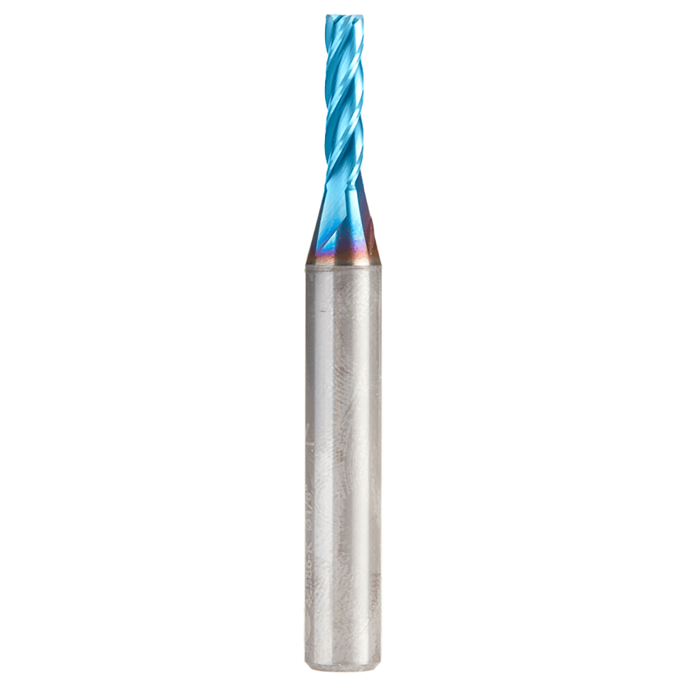 1/8" x 2" CNC 2D/3D Carving 0.10° Flat Bottom Up-Cut Spektra Extreme Tool Life Coated Spiral Router Bit, 4-Flute, 1/4" Shank Main - Image