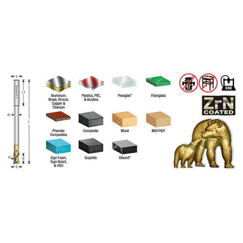 1/4" x 4" 2D/3D Carving Flat Bottom ZrN Coated Router Bit, 3-Flute, 1/4" Shank - Alt Image 2