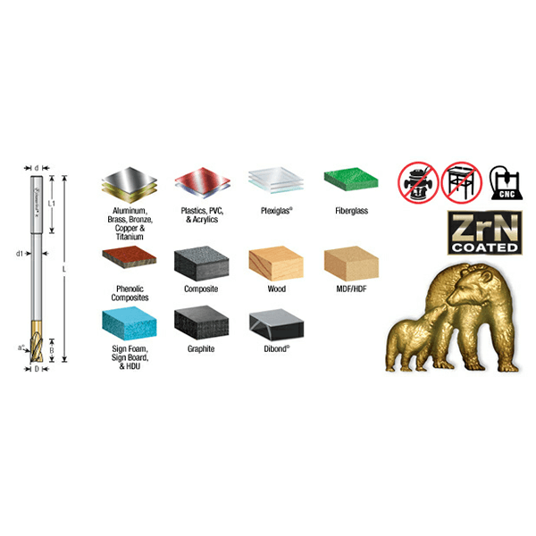 1/2" Dia x 1-1/4" Extra Long CNC 2D/3D Carving Flat Bottom 0.10° Angle Solid Carbide Router Bit, 3 Flute, 1/2" Shank Alt 4 - Image